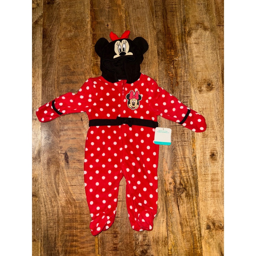 Disney Baby Minnie Mouse Red Polka Dot Fleece Hooded Footed Sleeper 6-9M NWT